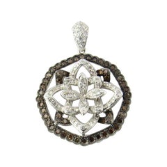 Vintage 18 Karat White Gold Layered White and Brown Diamond Flower Pendant