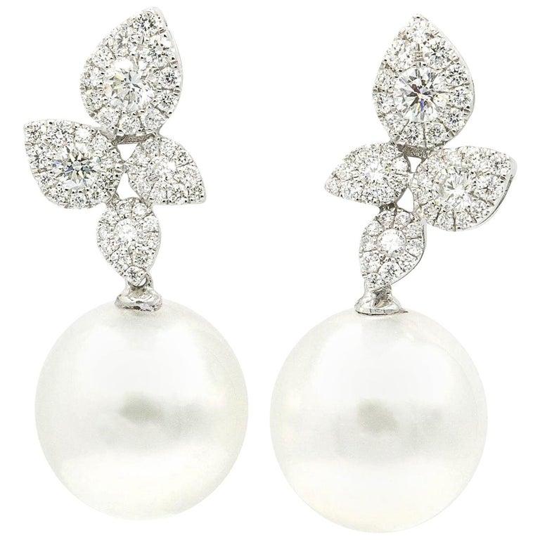 Round Cut South Sea Pearl Diamond Cluster Leaf Earrings 1.05 Carat 12-13 MM 18K White Gold For Sale