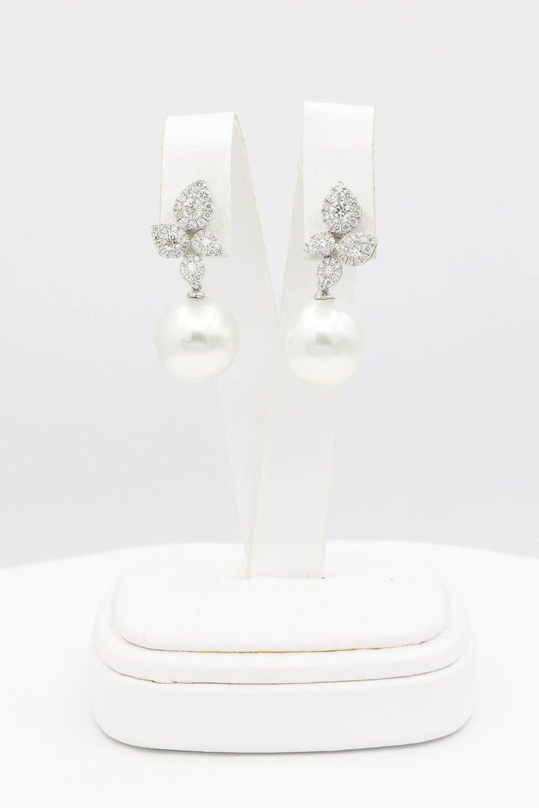 South Sea Pearl Diamond Cluster Leaf Earrings 1.05 Carat 12-13 MM 18K White Gold In New Condition For Sale In New York, NY