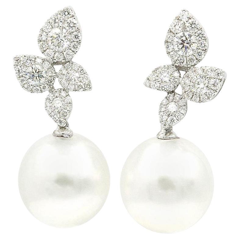 South Sea Pearl Diamond Cluster Leaf Earrings 1.05 Carat 12-13 MM 18K White Gold For Sale