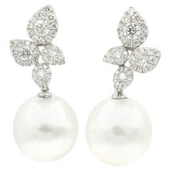Boucles d'oreilles perle des mers du sud avec diamant 1.05 carat 12-13 MM or blanc 18K