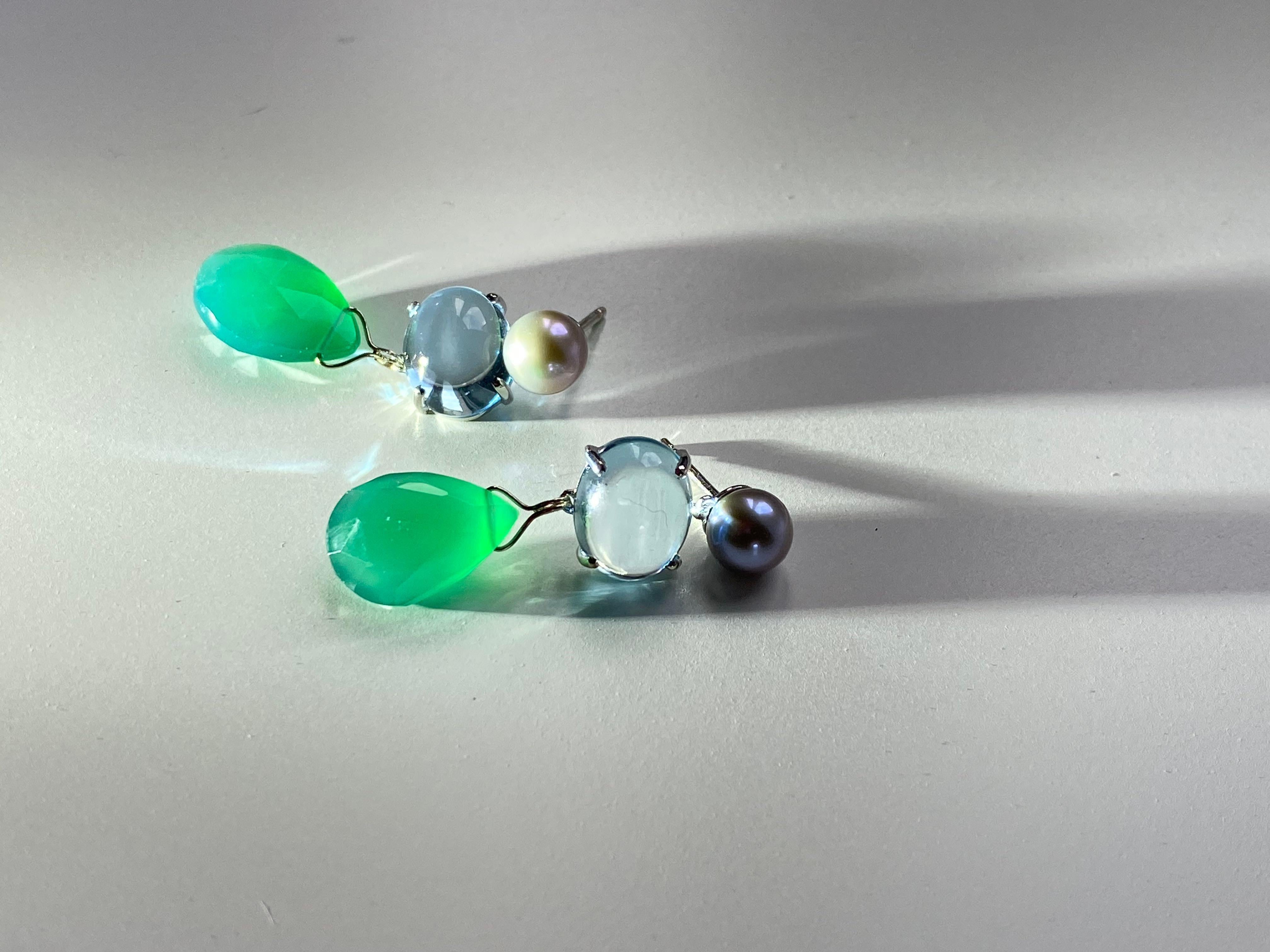 Women's 18 Karat White Gold Light Blue Topaz Green Agate Contemporary Design Earrings For Sale