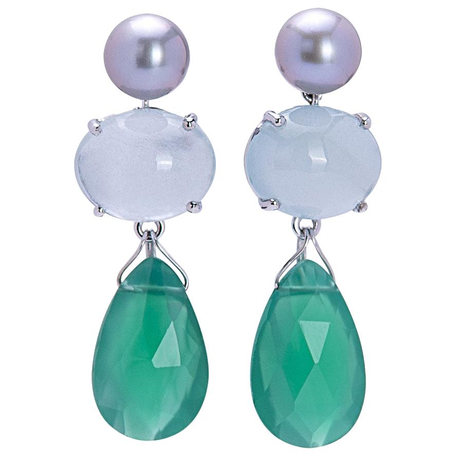 18 Karat White Gold Light Blue Topaz Green Agate Contemporary Design Earrings For Sale