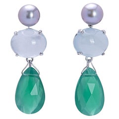 18 Karat White Gold Light Blue Topaz Green Agate Contemporary Design Earrings
