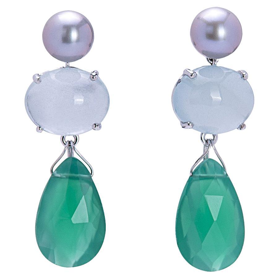 18 Karat White Gold Light Blue Topaz Green Agate Contemporary Design Earrings For Sale