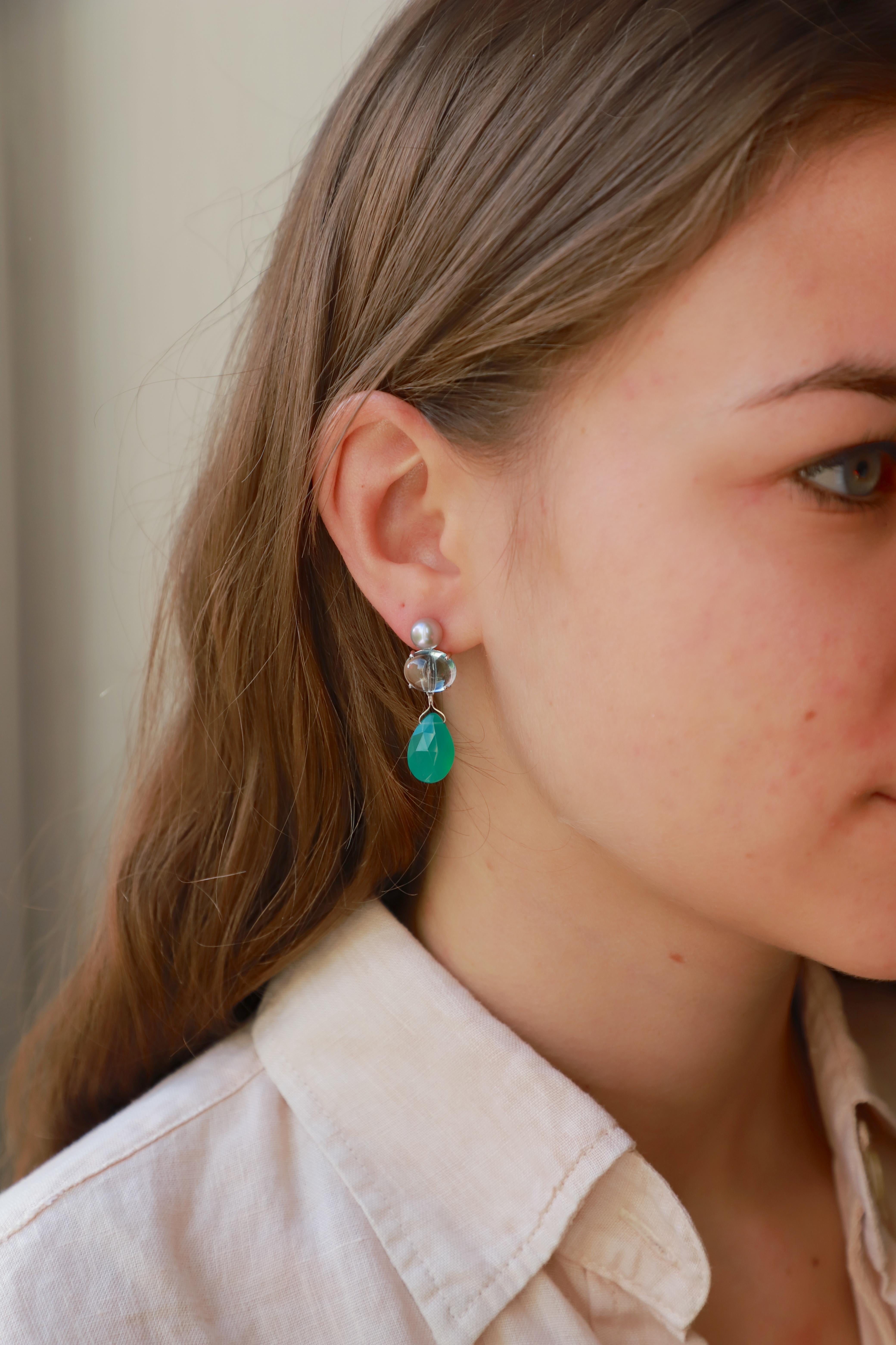 Women's Light Blue Topaz Green Agate 18K Gold Nature Design Earrings