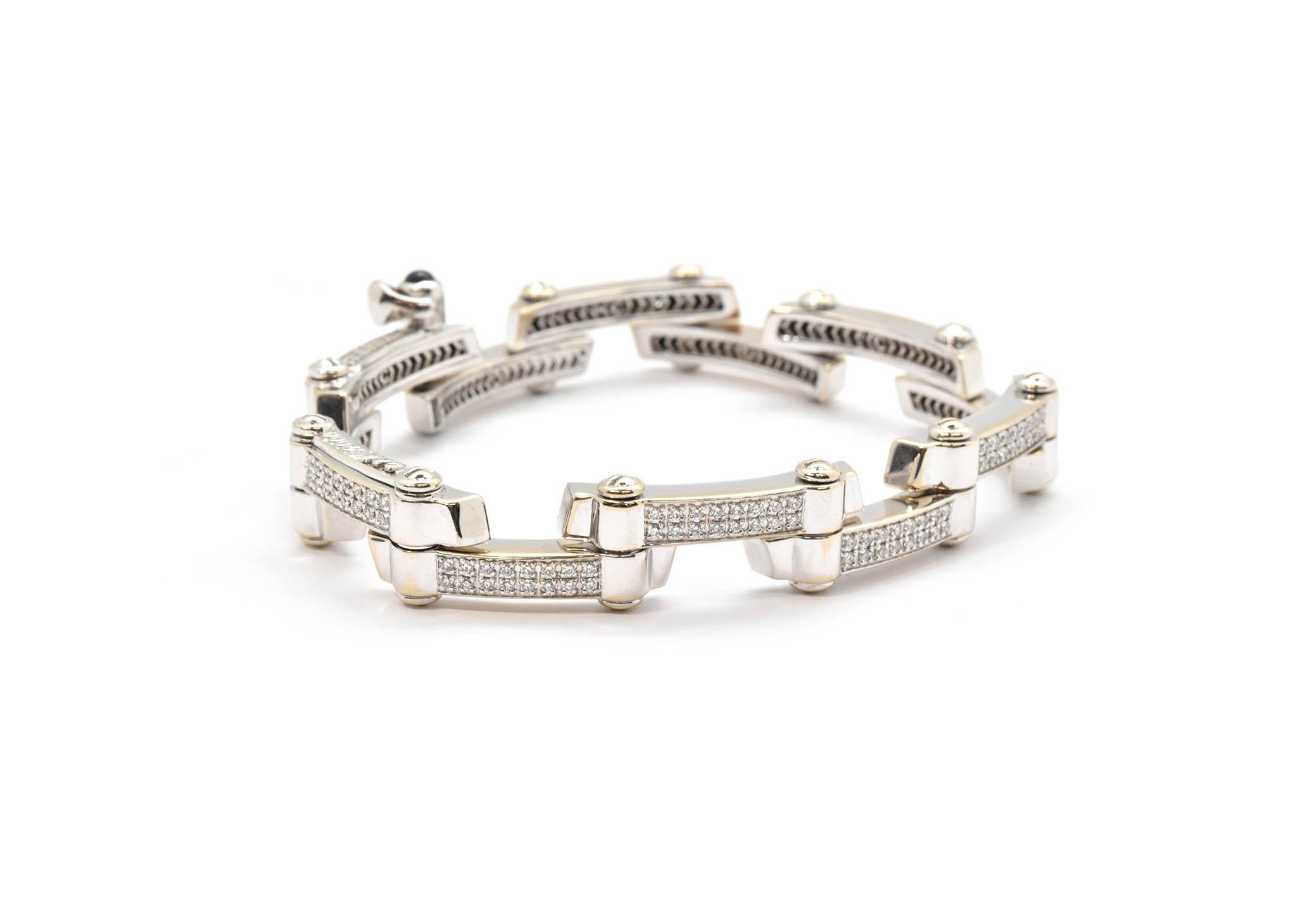 Limited edition 1255/2000 pieces made

This mesmerizing diamond bracelet is designed in 18k white gold, and is set with 192 dazzling diamonds weighing 2.00 carats in total. The diamonds on this bracelet are high quality, with a G in color, and a VS