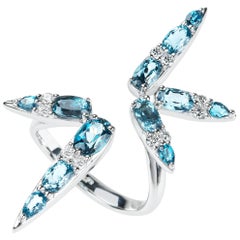 18 Karat White Gold London Blue Topaz and White Diamond Cocktail Ring