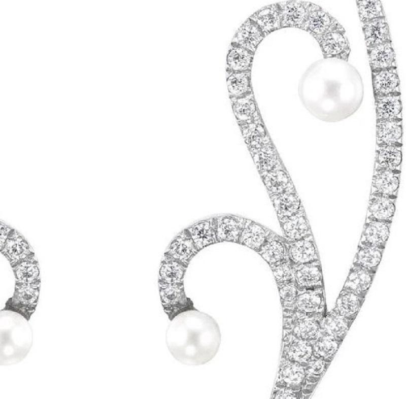 Round Cut 18 Karat White Gold Lucy Pearl Diamond Short Earrings For Sale