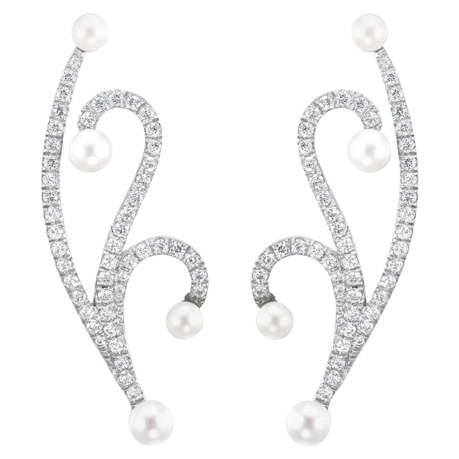 18 Karat White Gold Lucy Pearl Diamond Short Earrings For Sale