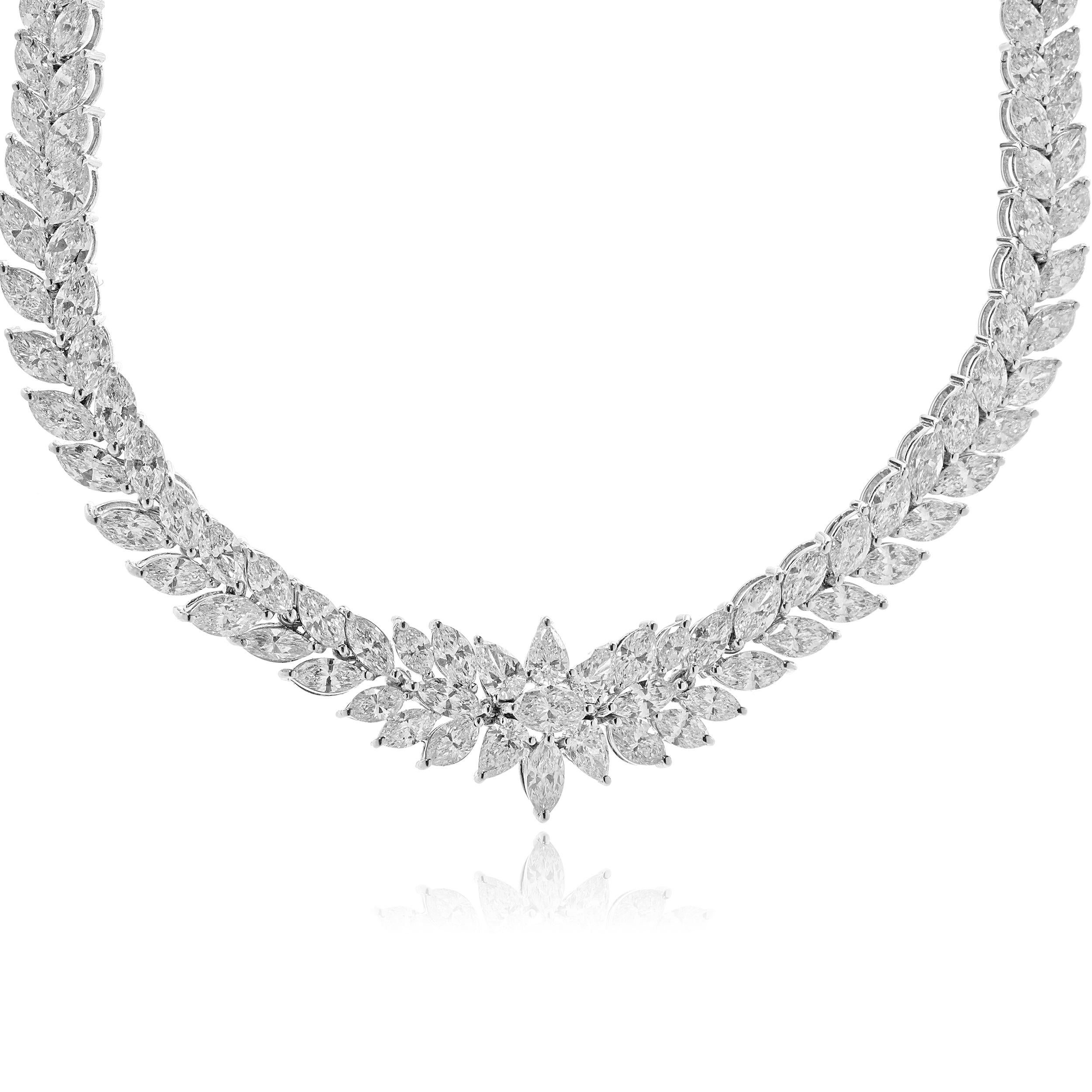 Designer: custom design
Material: 18K white gold
Diamond: marquise cut = 18.59cttw
Color: G / H / I
Clarity: VS1-SI1
Dimensions: necklace measures 18-inches in length
Weight: 35.86 grams
