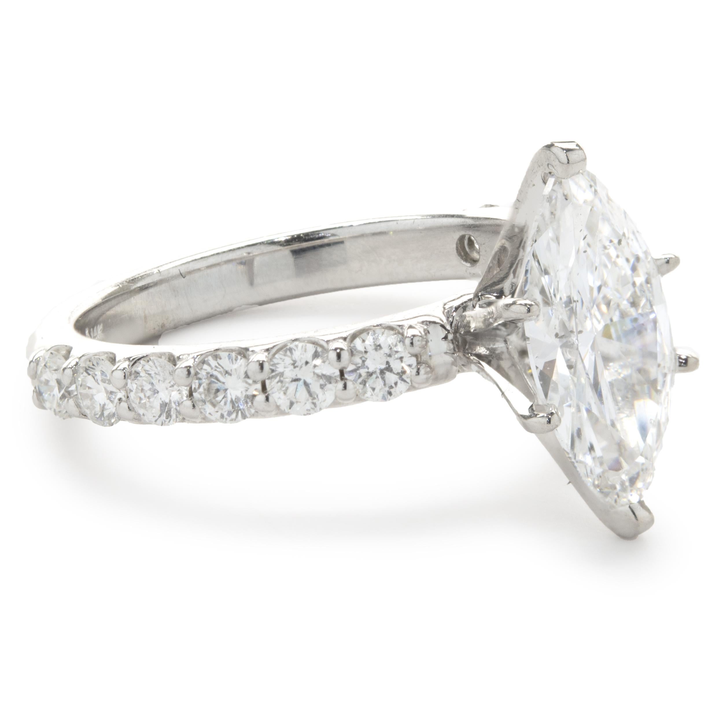 Designer: custom
Material: 18K white gold
Diamond: 1 marquise cut = 1.71ct
Color: E
Clarity: SI2
EGL: US69677302D
Diamond: 38 round cut = 1.36cttw
Color: H
Clarity: SI1
Ring Size: 6.25 (please allow up to 2 additional business days for sizing