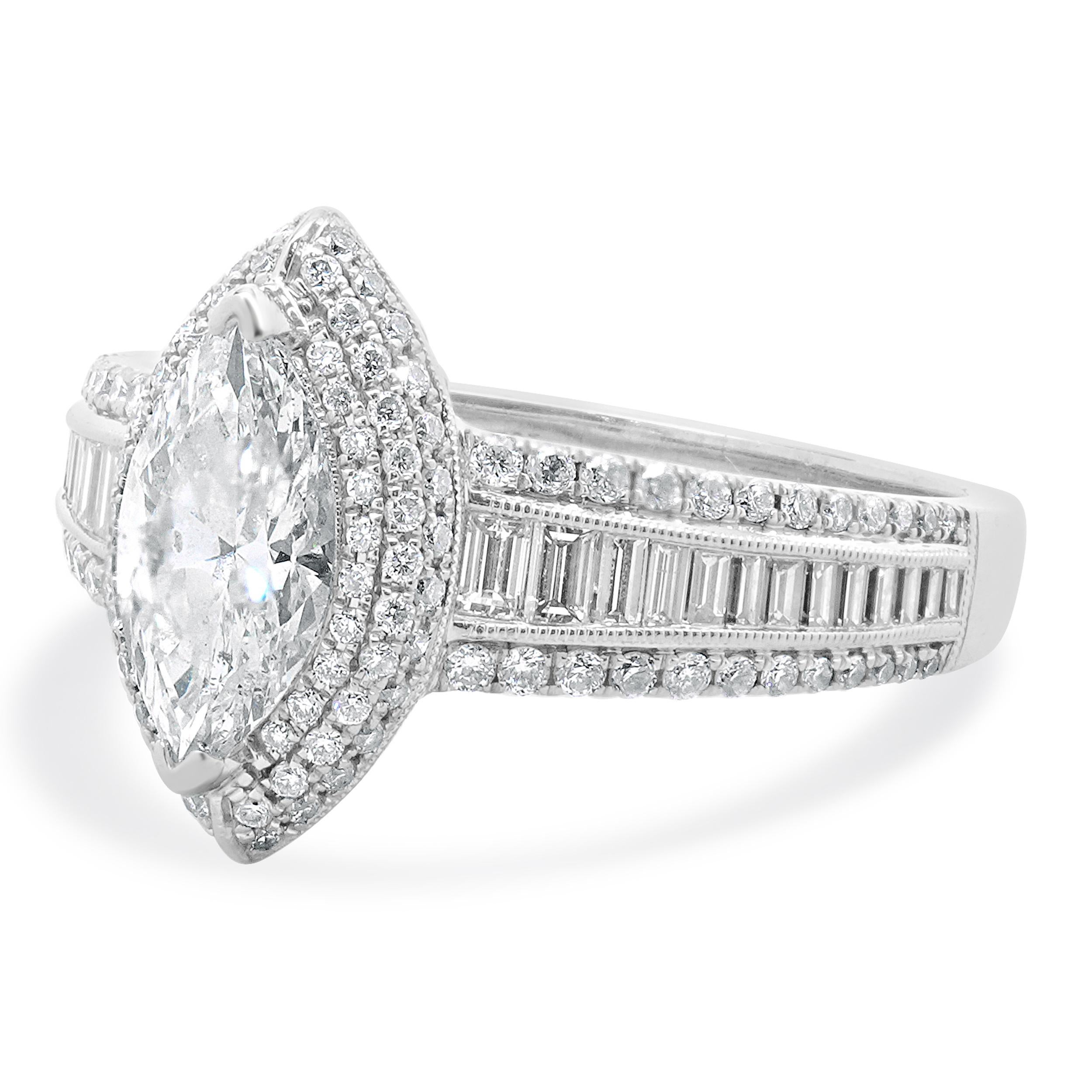 Designer: Forum Design
Material: 18K white gold
Center Diamond: 1 marquise cut = 1.18ct
Color : F
Clarity : SI1
EGL: 3274140930
Diamond: 122 round brilliant cut = 0.46cttw
Color: H / I
Clarity: SI1
Size: 9 complimentary sizing available 
Weight: