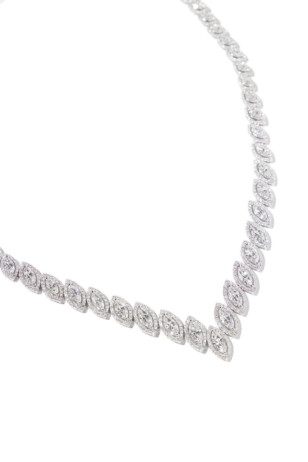 Modern 18 karat white gold marquise cut diamond necklace 15.22 carats For Sale