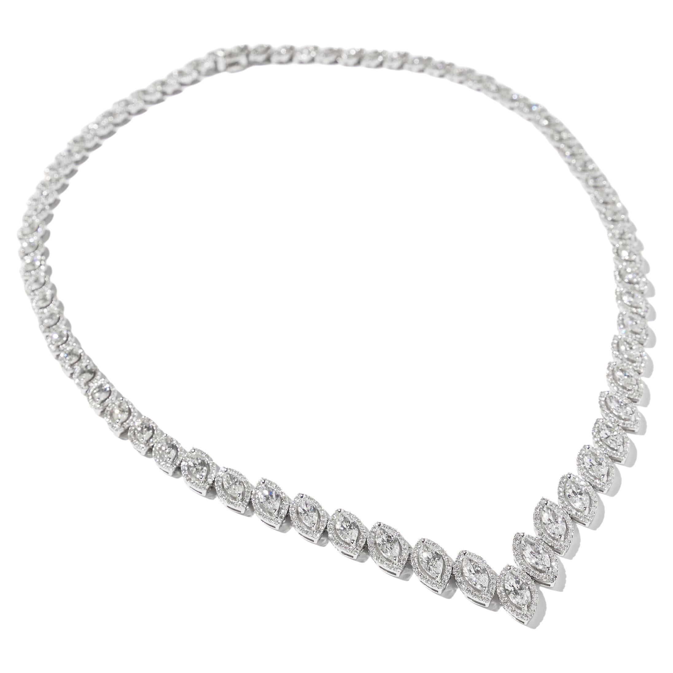 18 karat white gold marquise cut diamond necklace 15.22 carats For Sale