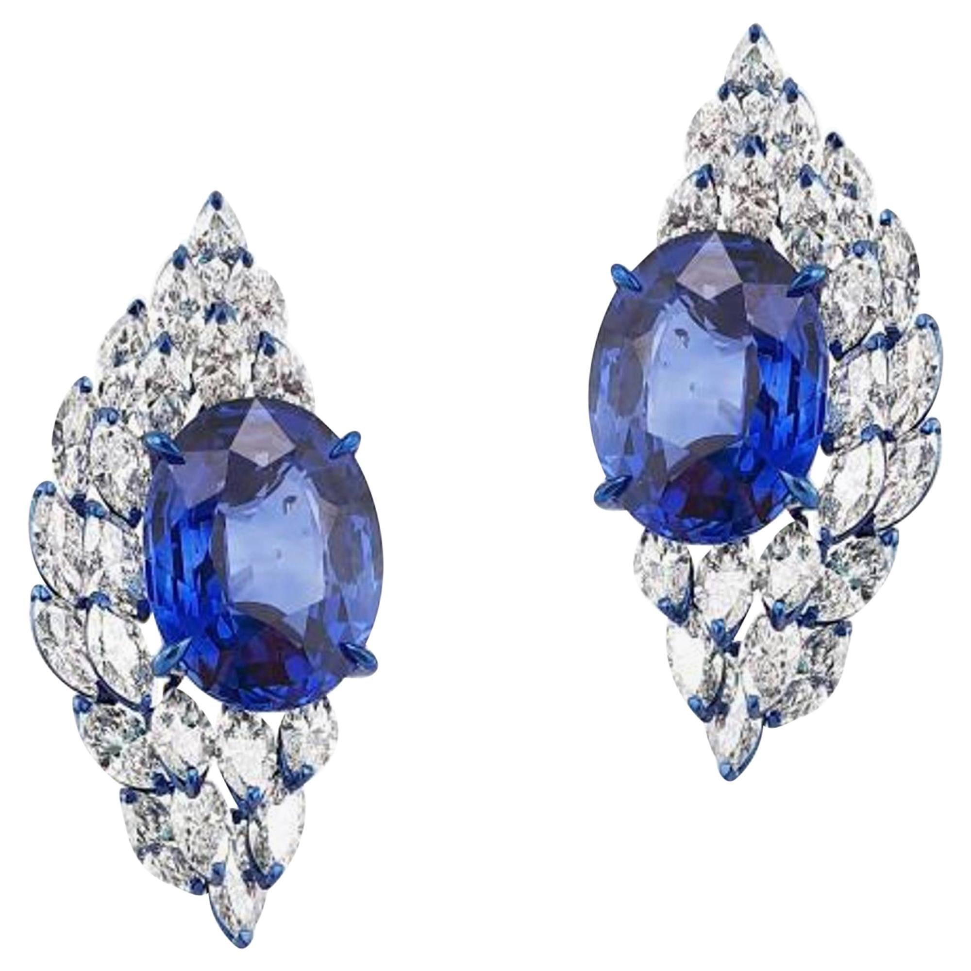 18 Karat White Gold Marquise Diamond and 18 Carat Each Blue Sapphire Earrings For Sale