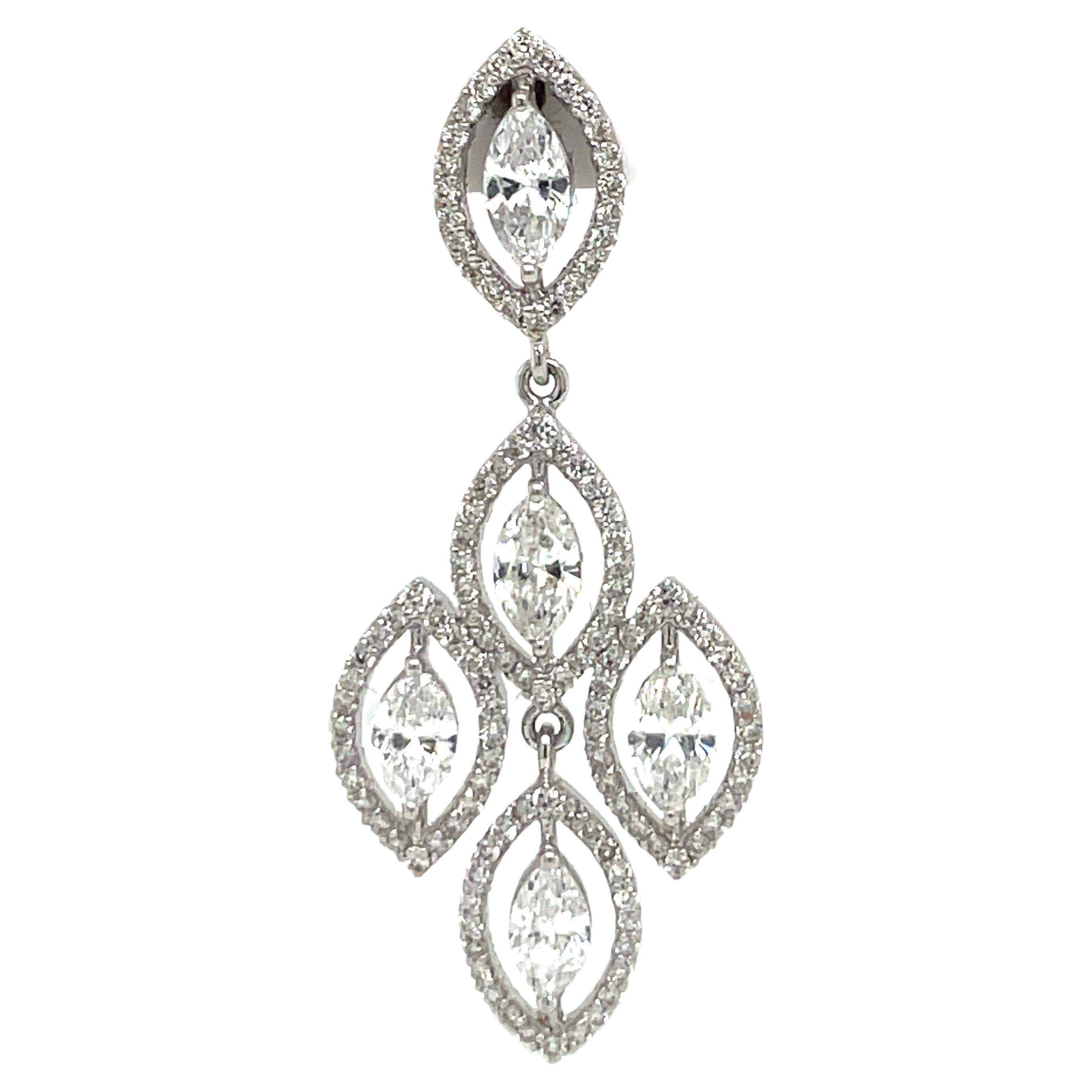 Contemporary 18 Karat White Gold Marquise Round Diamond Drop Chandelier Earrings 3.53 Carats For Sale