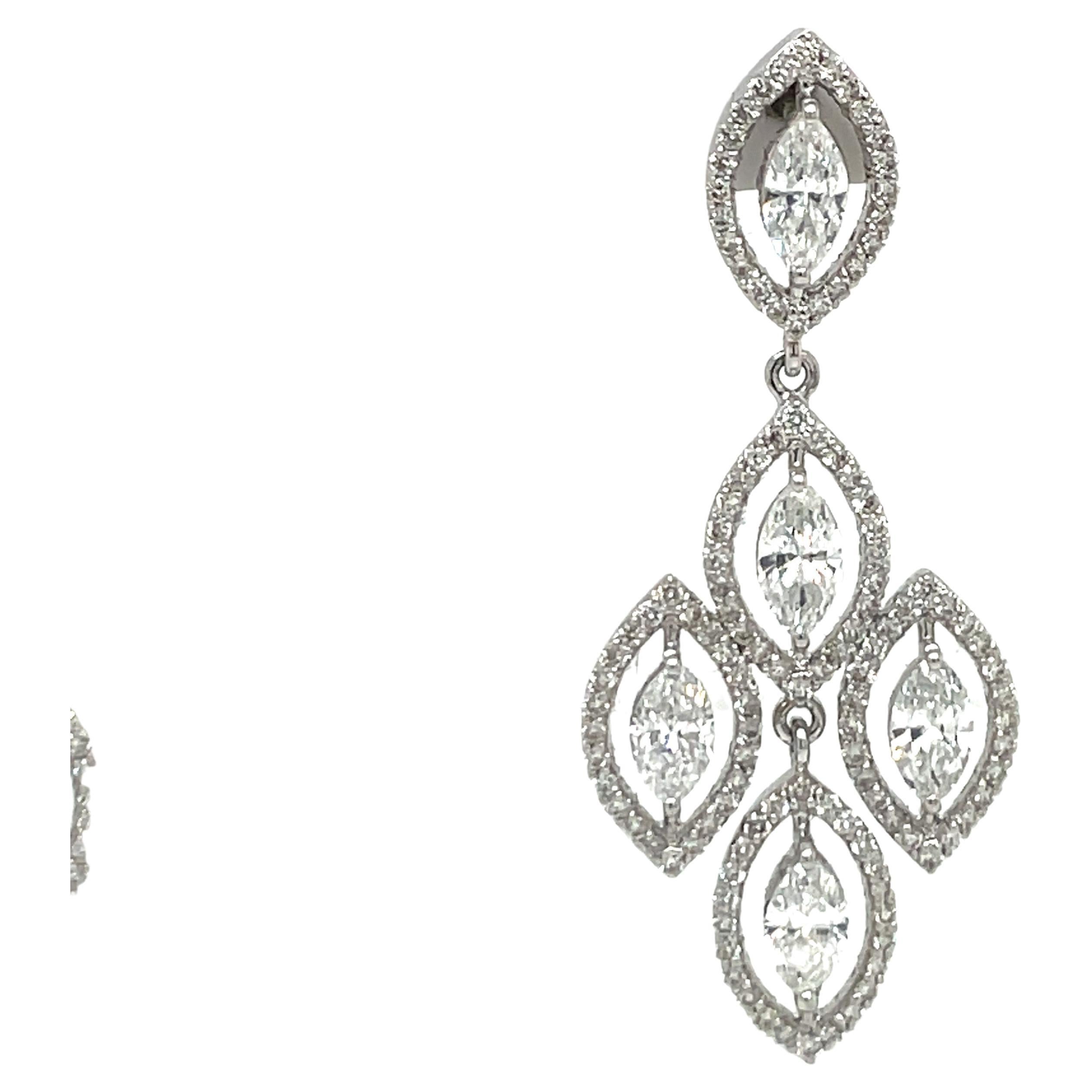 Marquise Cut 18 Karat White Gold Marquise Round Diamond Drop Chandelier Earrings 3.53 Carats For Sale