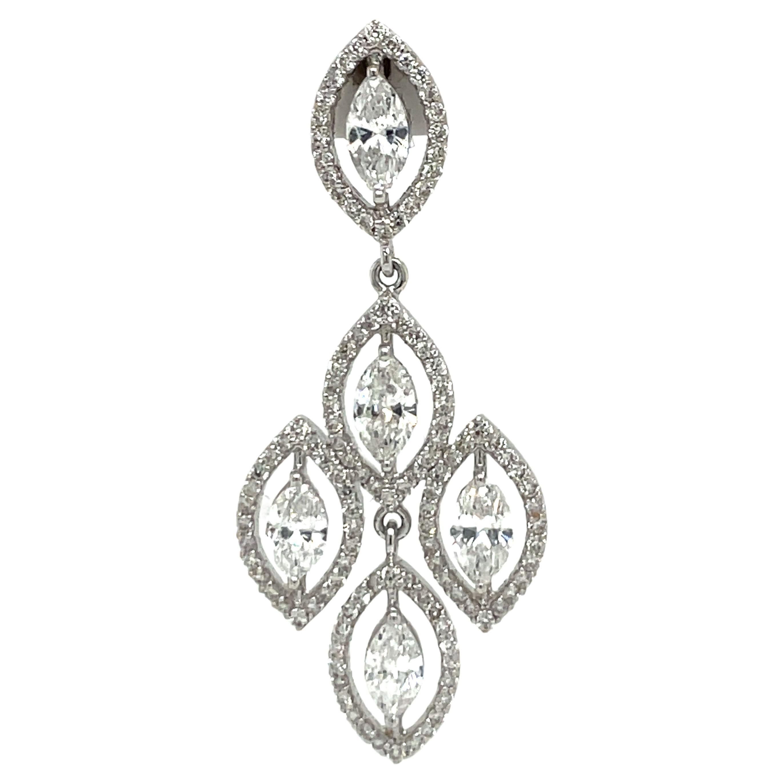 18 Karat White Gold Marquise Round Diamond Drop Chandelier Earrings 3.53 Carats In New Condition For Sale In New York, NY