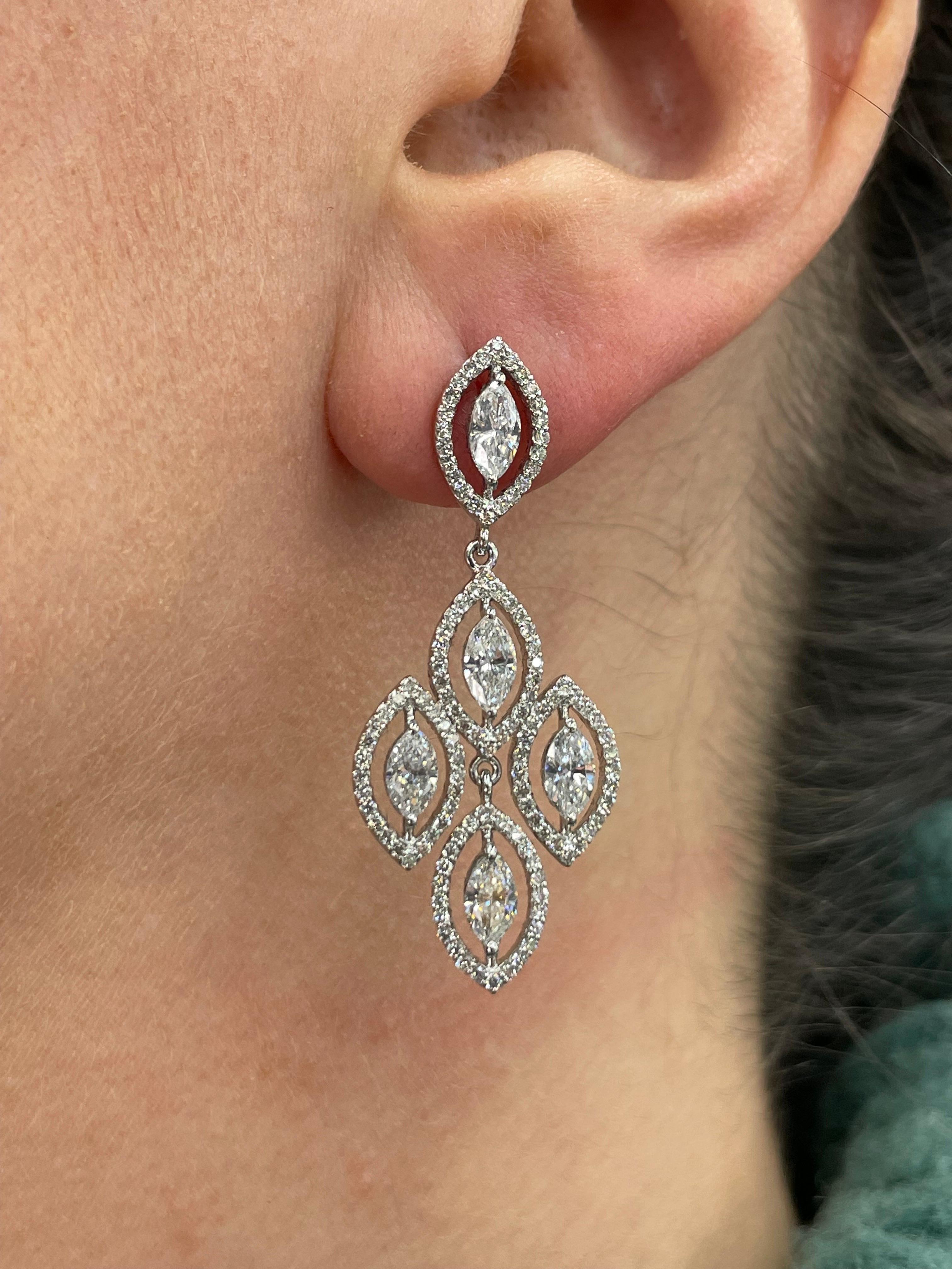 18 Karat White Gold Marquise Round Diamond Drop Chandelier Earrings 3.53 Carats For Sale 3