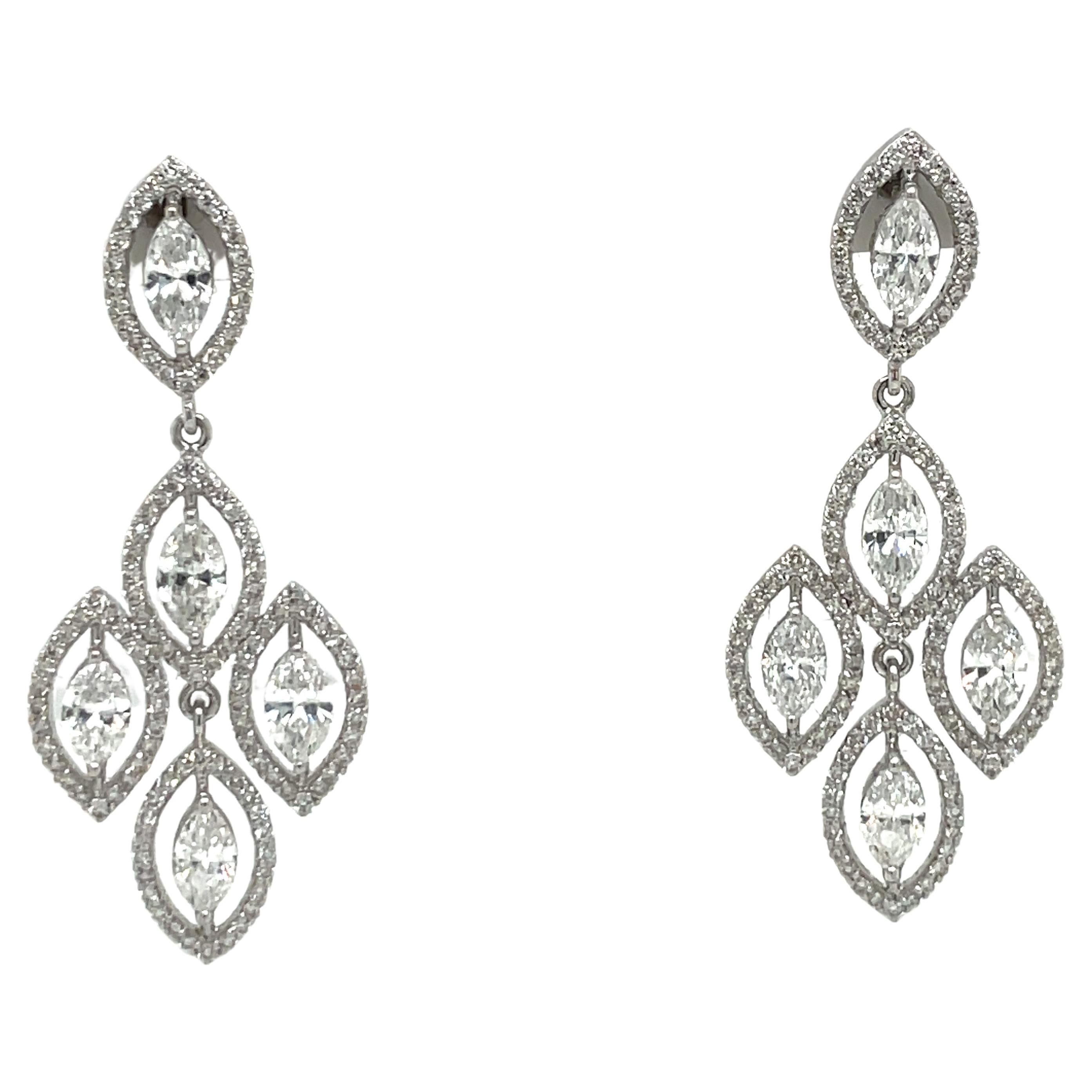 18 Karat White Gold Marquise Round Diamond Drop Chandelier Earrings 3.53 Carats For Sale