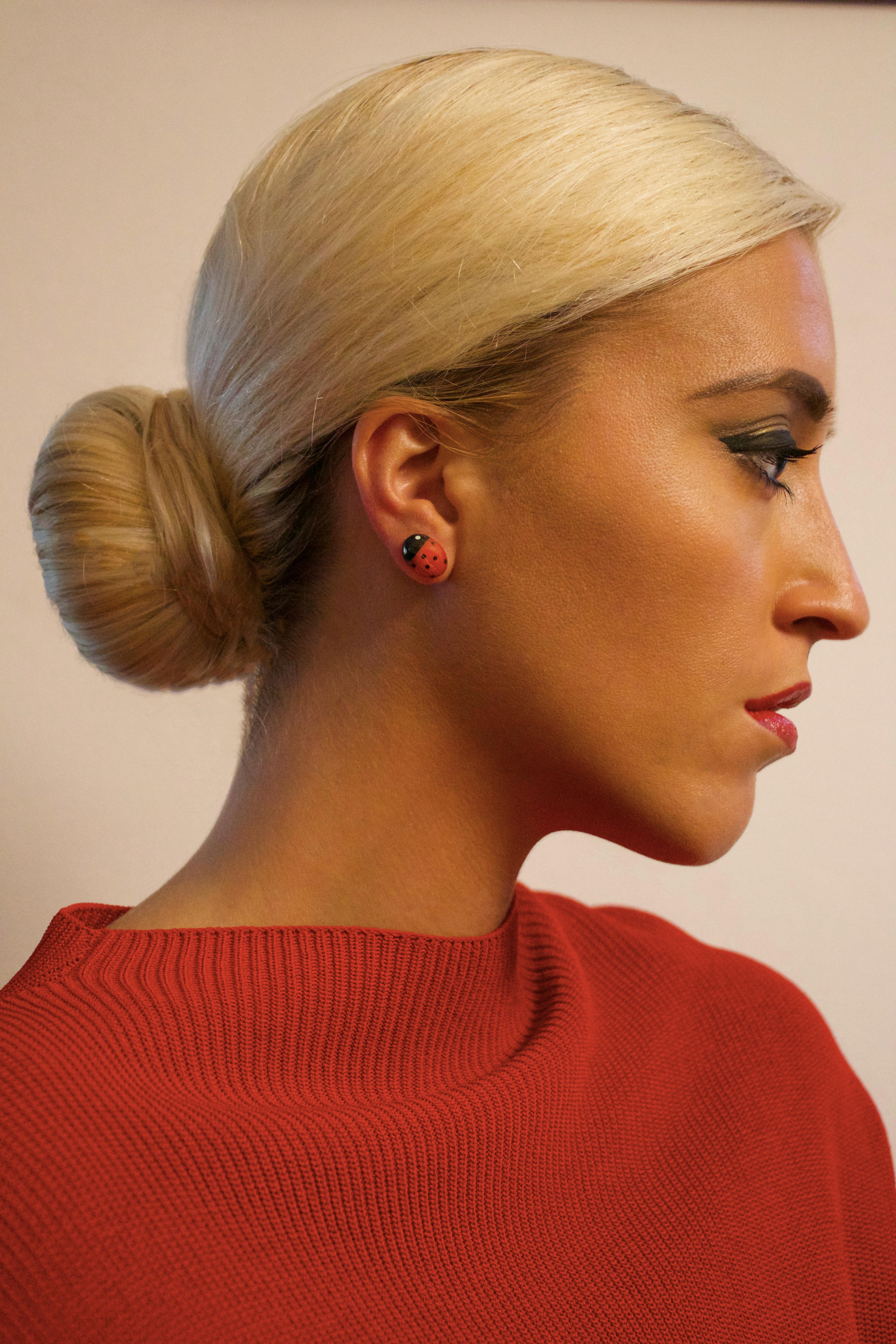 Women's or Men's 18 Karat White Gold Mediterranean Coral Ladybug Stud Earrings