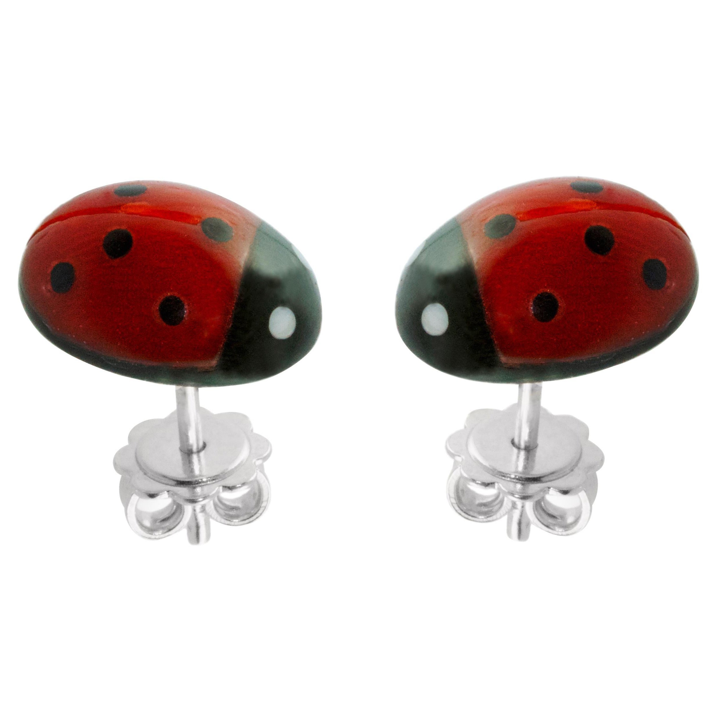 18 Karat White Gold Mediterranean Coral Ladybug Stud Earrings For Sale