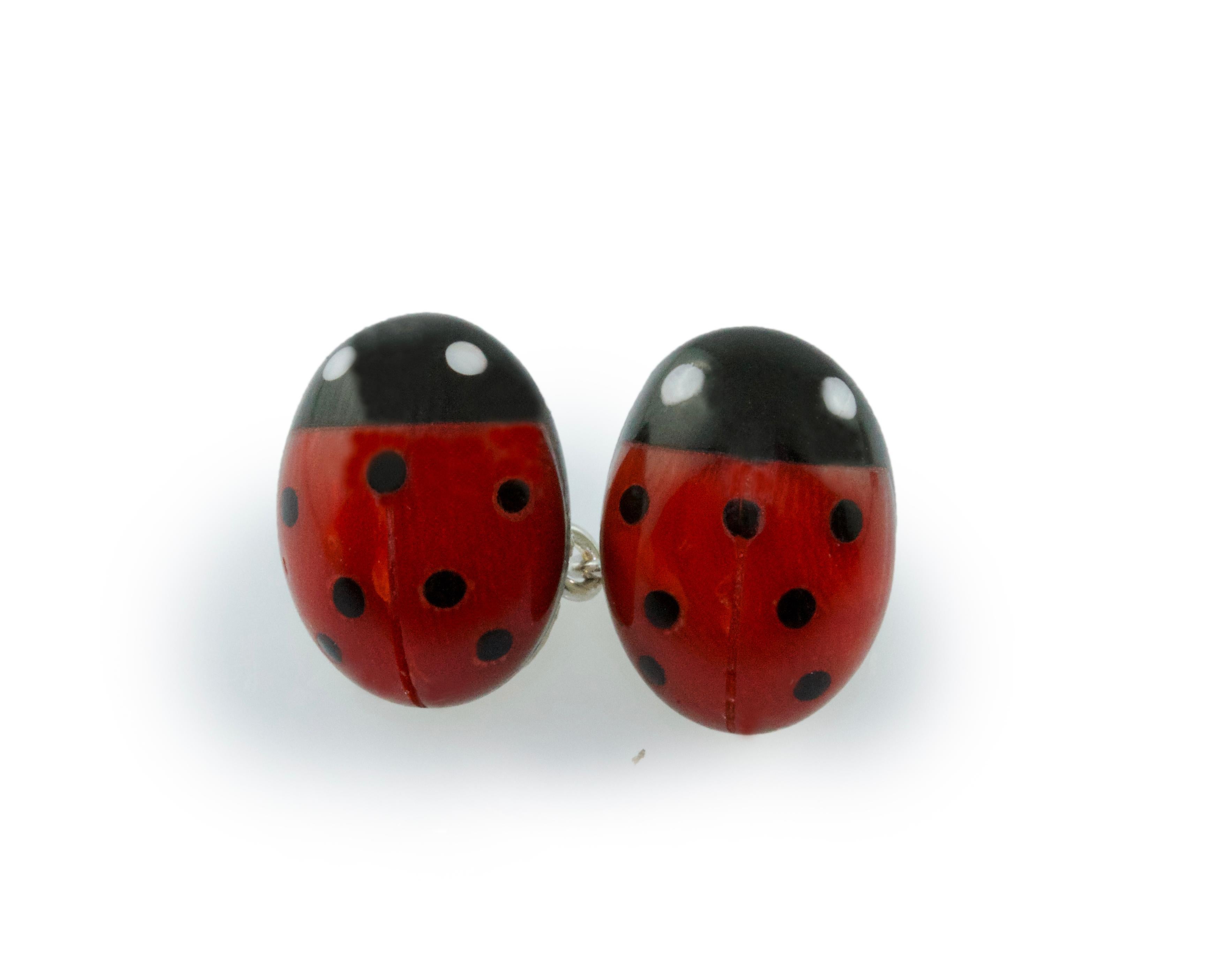 Mixed Cut 18 Karat White Gold Mediterranean Coral Onyx Ladybug Cufflinks For Sale