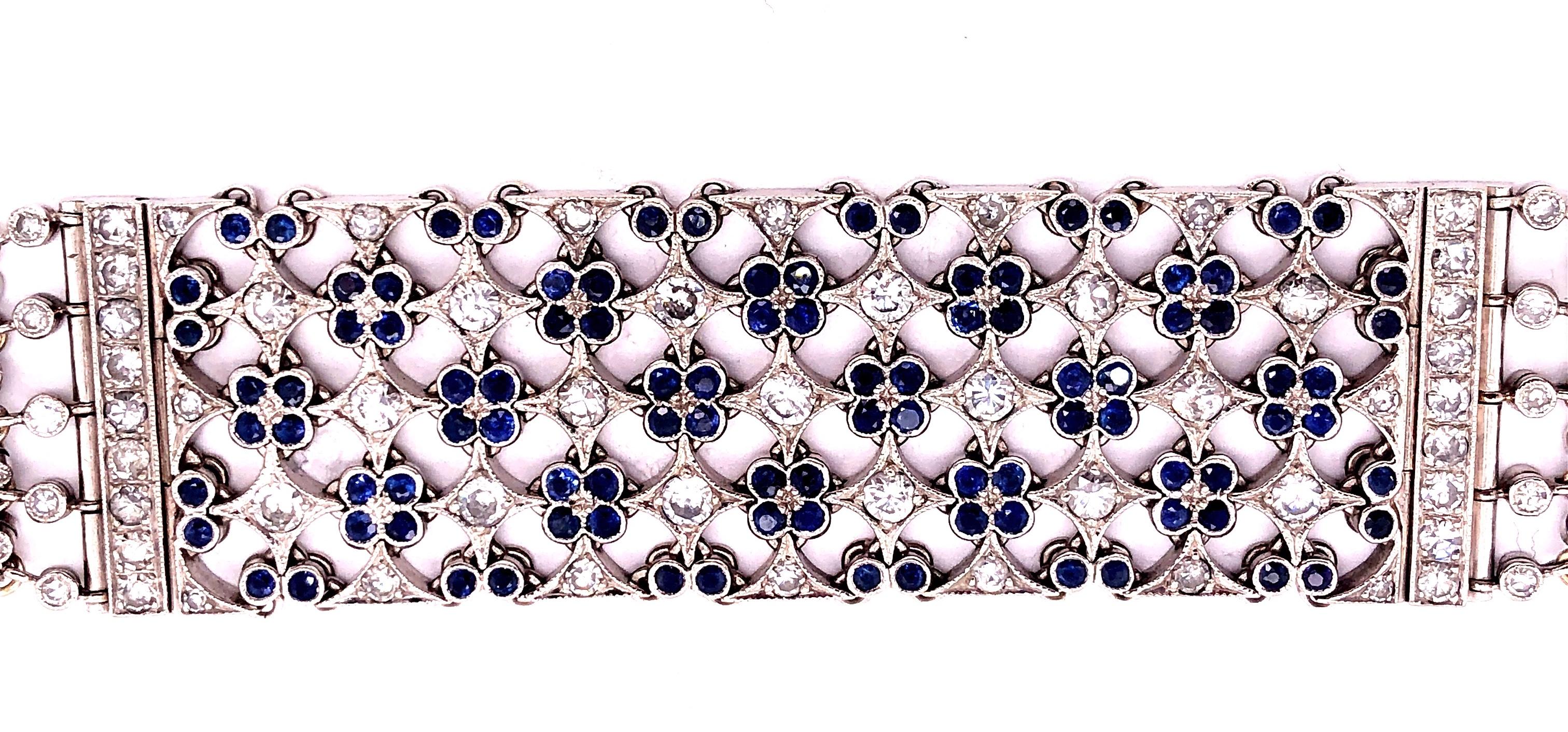 Art Deco 18 Karat White Gold Mesh Sapphire and Diamond Lace Bracelet For Sale