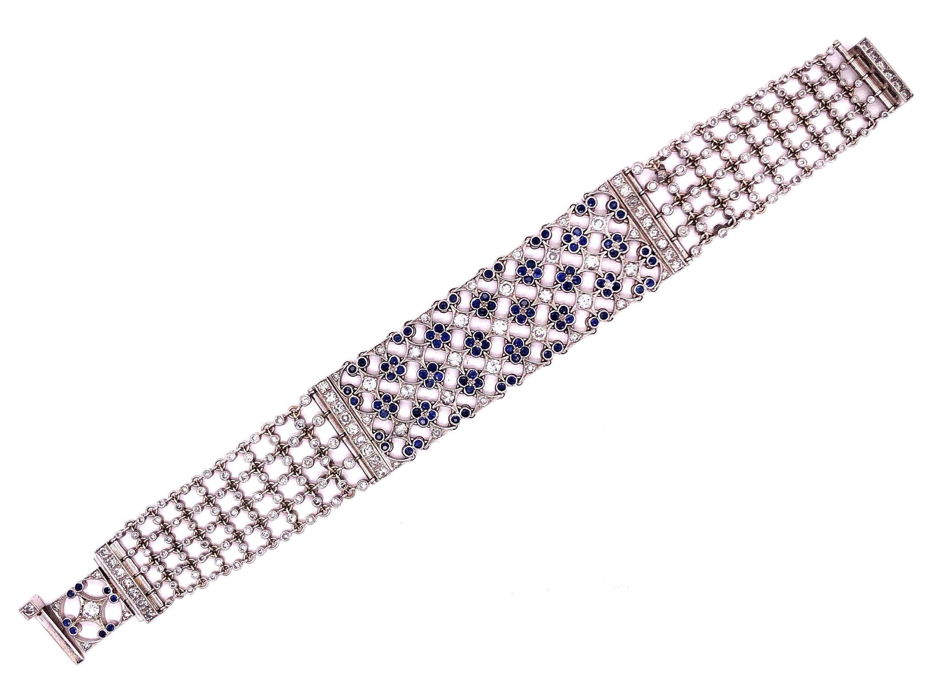 Round Cut 18 Karat White Gold Mesh Sapphire and Diamond Lace Bracelet For Sale