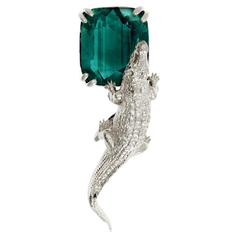 White Gold Mesopotamian Contemporary Brooch with Indicolite Tourmaline For Sale