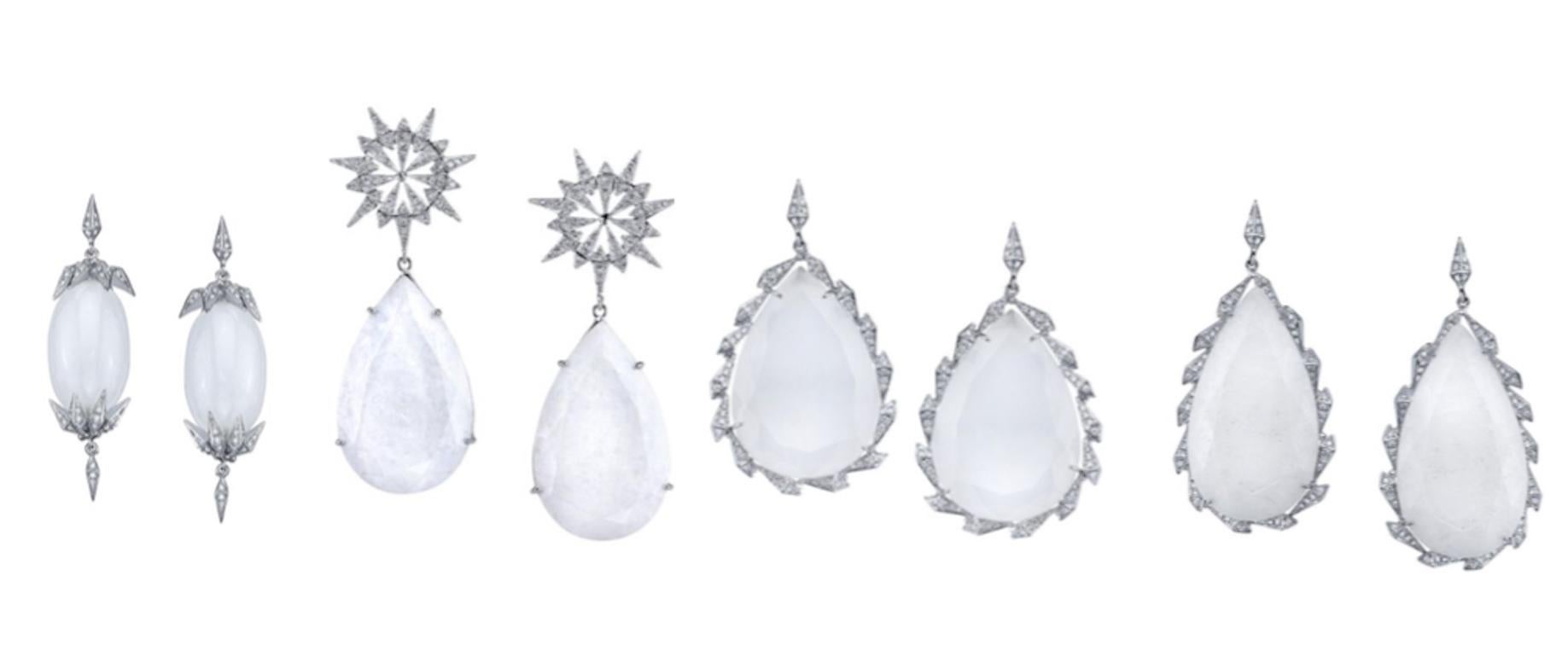 Women's or Men's 18 Karat White Gold Milky Quartz Trickling Diamond Earrings 