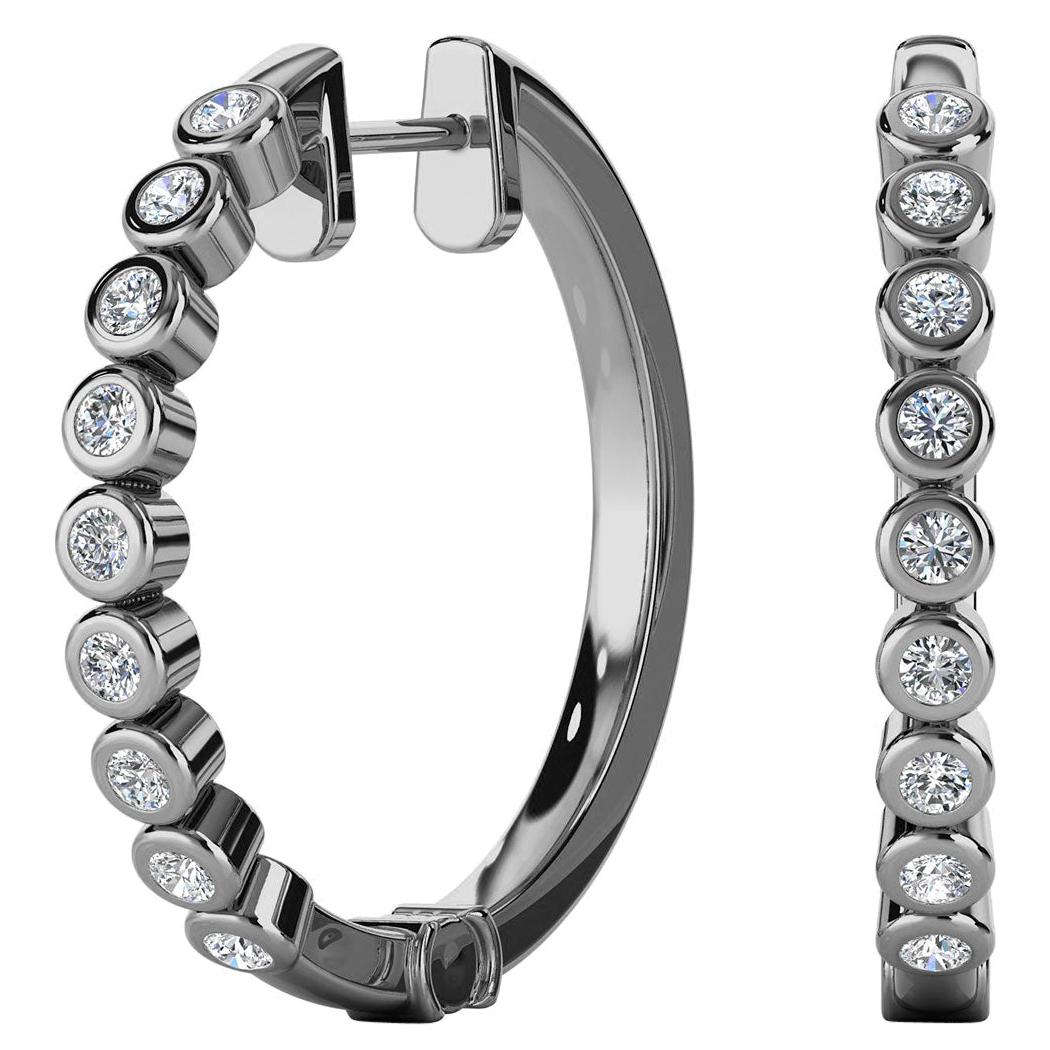 18 Karat White Gold Mini Bezel Hoop Diamond Earrings '3/4 Carat' For Sale