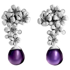 18 Karat White Gold Modern Cocktail Clip-On Earrings with Diamonds and Amethysts