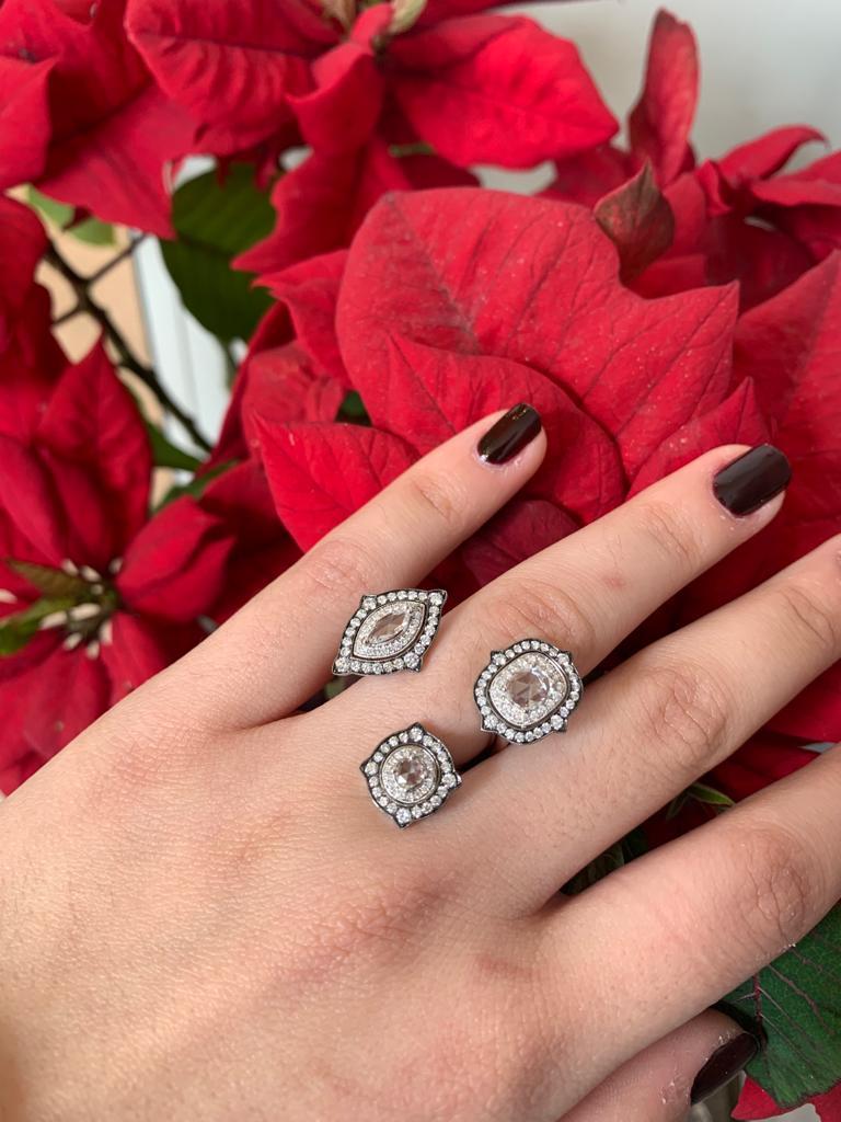 18 Karat White Gold 'Princesses Ring' from Once Upon a Time Collection created by Monan with 0.31 carats of oval Rose cut diamonds, 0.22 carats Marquise rose cut diamonds, 0.10 carats Rose cut diamonds and 1.03 carats of round brilliant cut diamonds