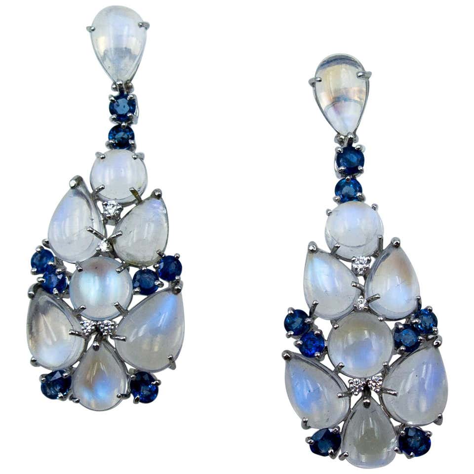 Antique Blue Moonstone Sapphire Diamond Pendant Earrings at 1stdibs