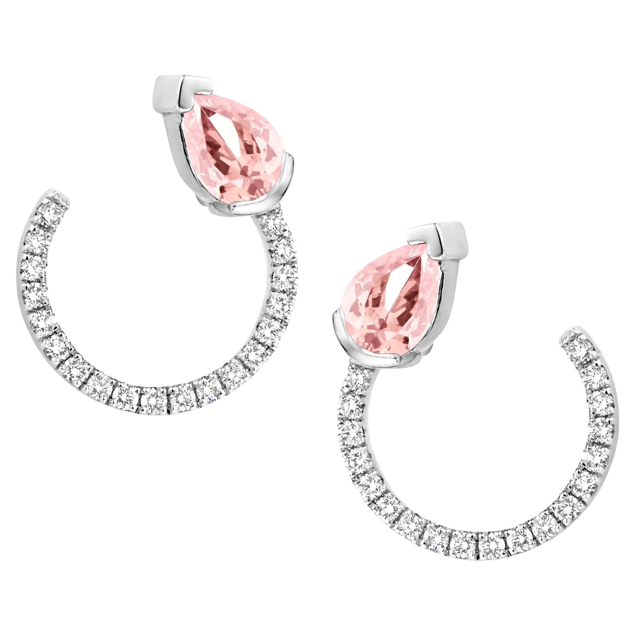 18 Karat White Gold Morganite Diamond Curved Earrings For Sale