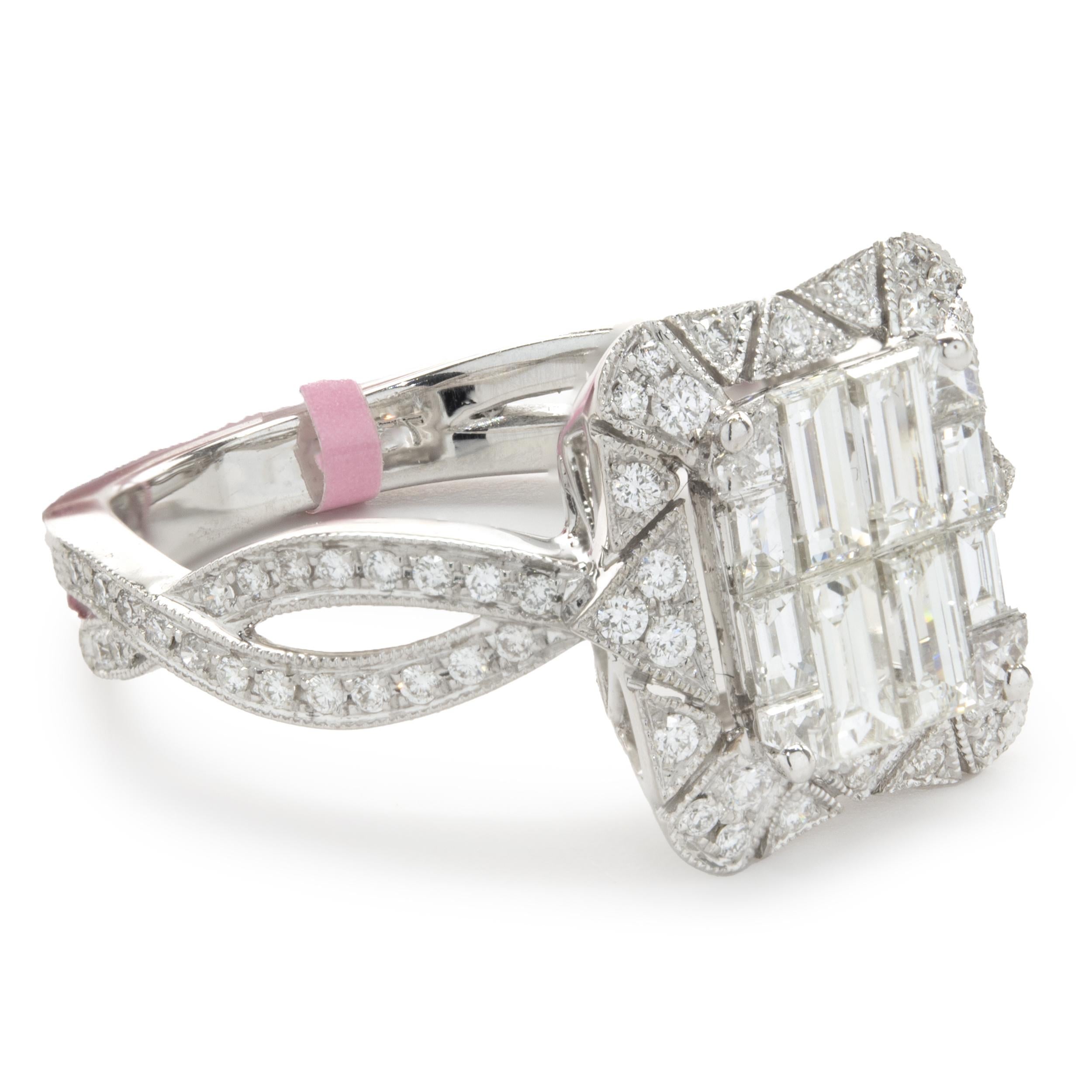 Baguette Cut 18 Karat White Gold Mosaic Diamond Deco Style Ring For Sale
