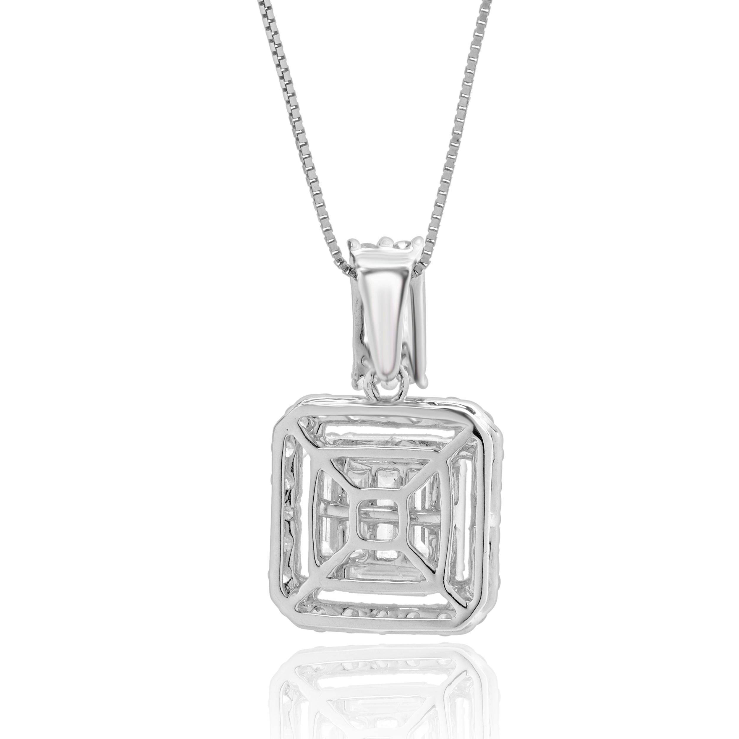 Designer: personalizzato
Materiale: oro bianco 18 carati
Diamanti: 41 diamanti rotondi e taglio baguette = 1,11ct
Colore: G
Chiarezza: SI1
Dimensioni: la collana misura 16 pollici di lunghezza
Peso: 2.30 grammi
