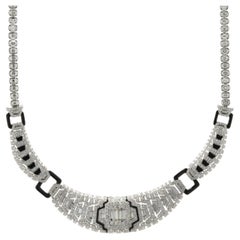 18 Karat White Gold Mosaic Set Diamond and Onyx Deco Style Collar Necklace