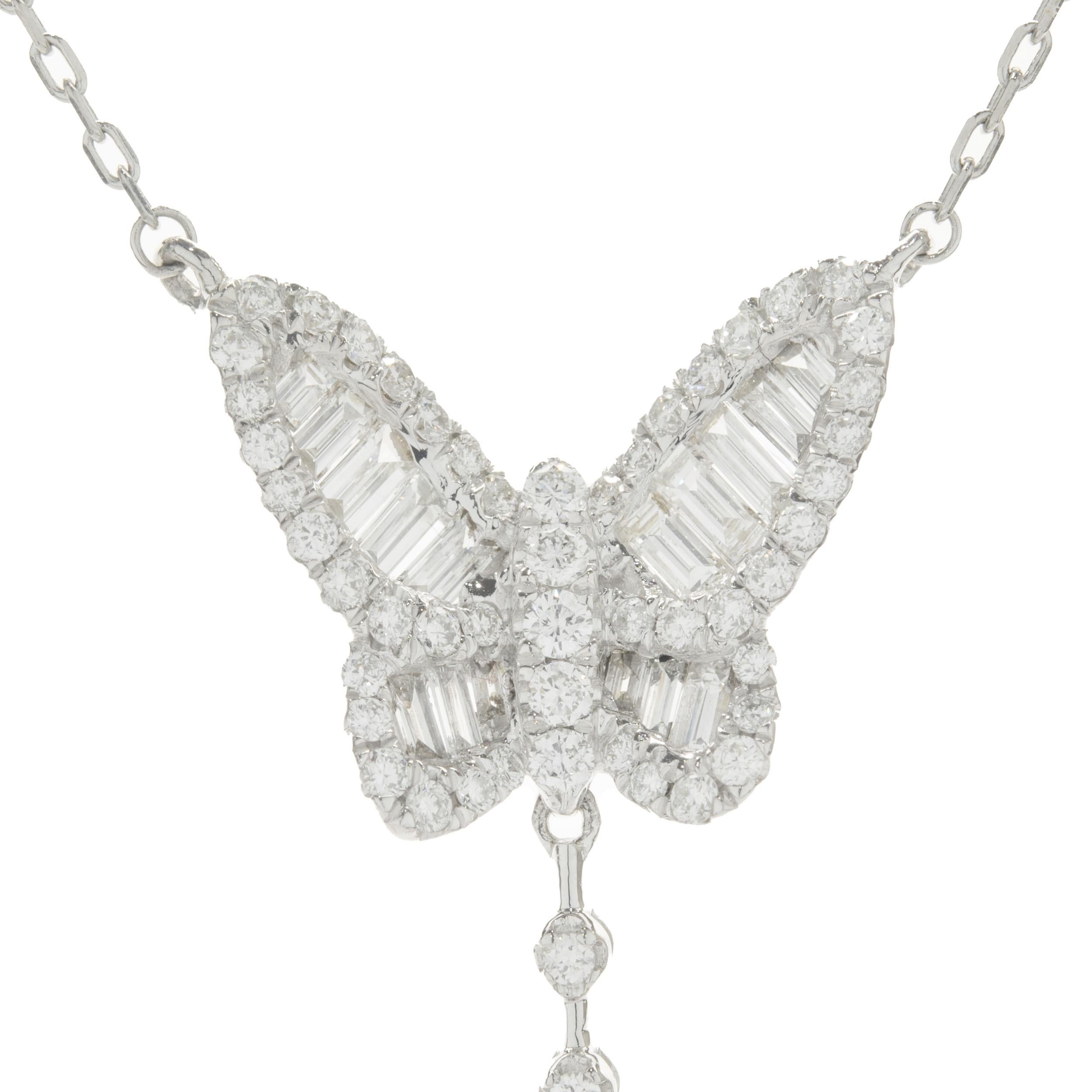Baguette Cut 18 Karat White Gold Mosaic Set Diamond Butterfly Necklace with Stations For Sale