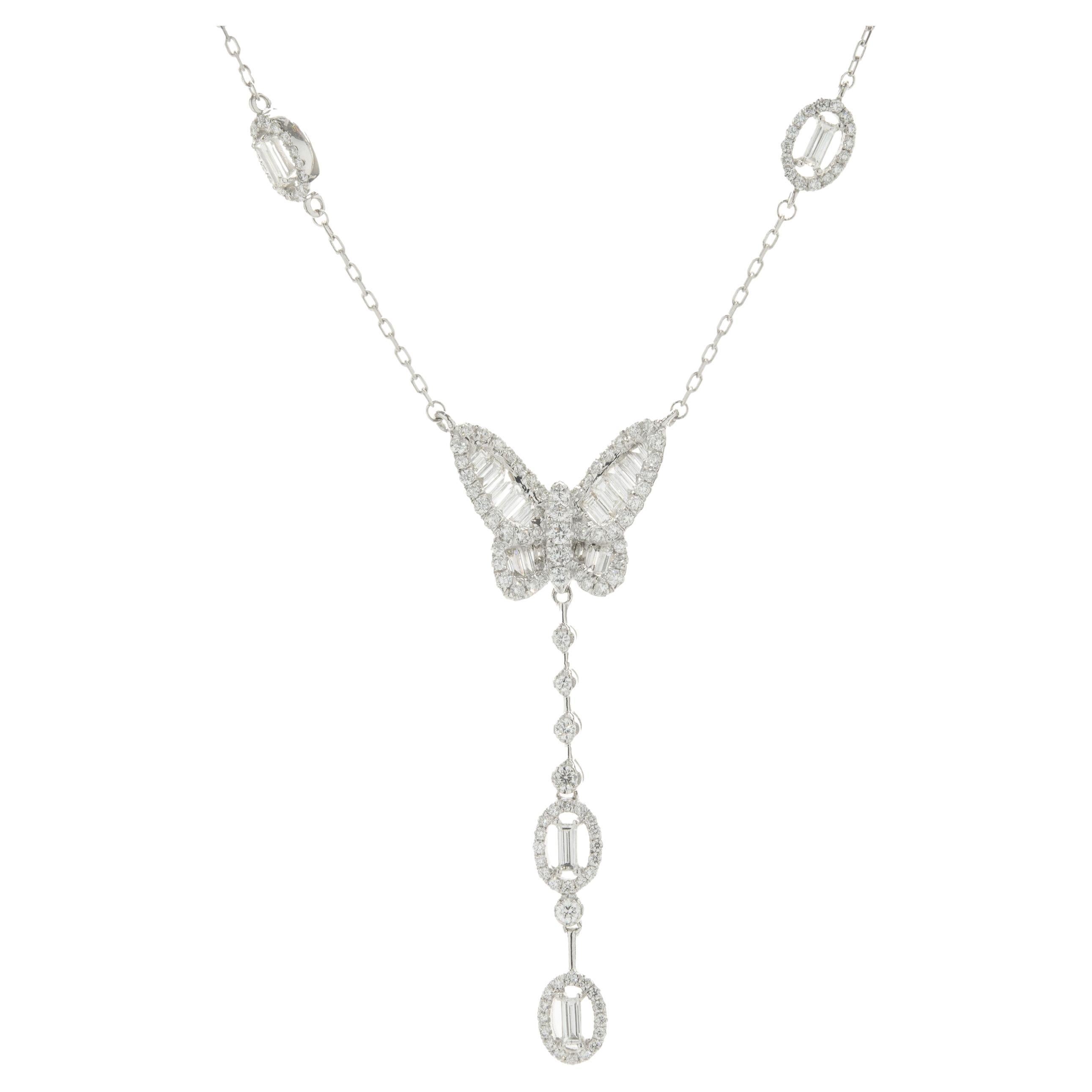 18 Karat White Gold Mosaic Set Diamond Butterfly Necklace with Stations For Sale