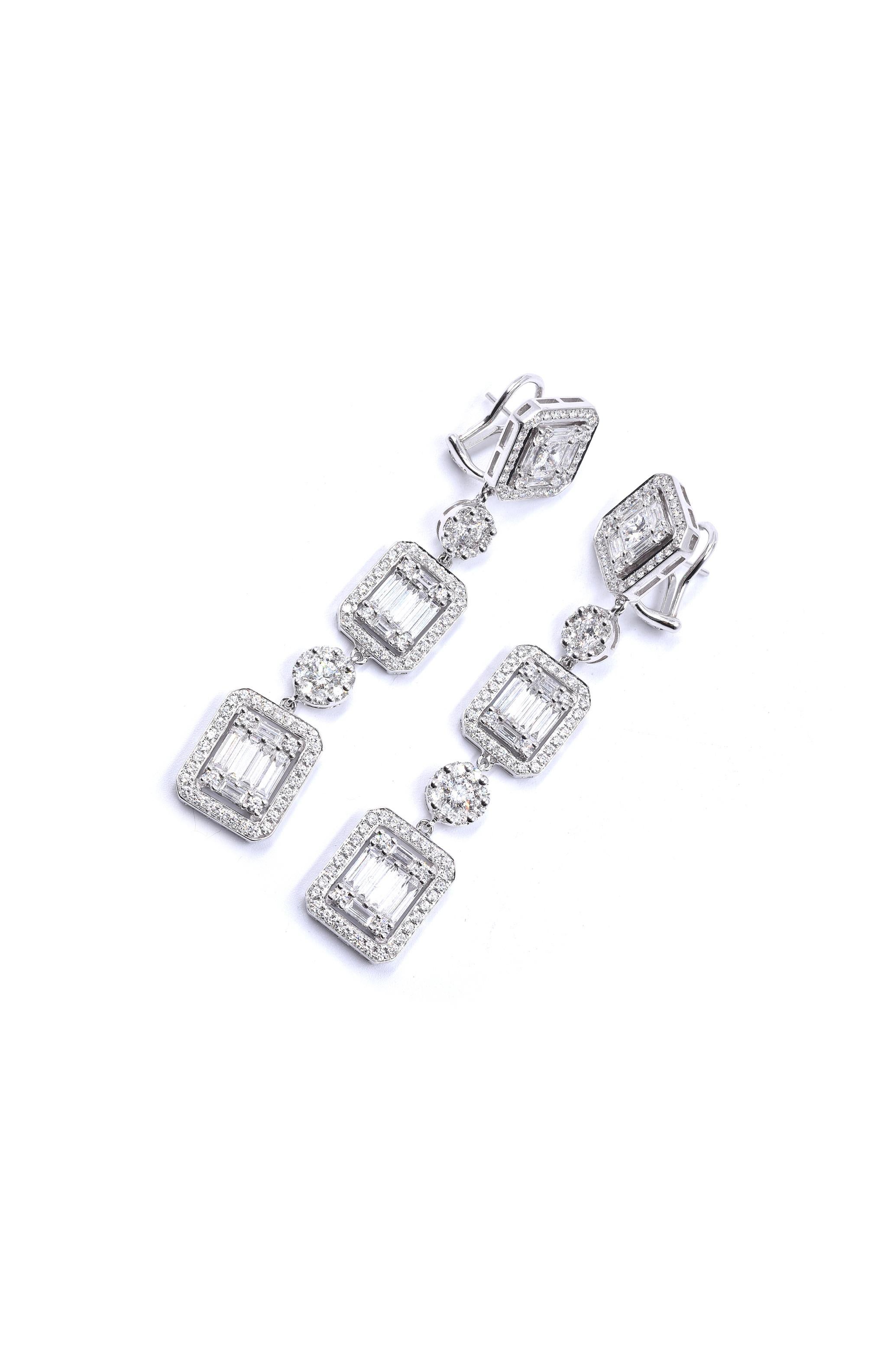 Mixed Cut 18 Karat White Gold Mosaic Set Diamond Drop Earrings