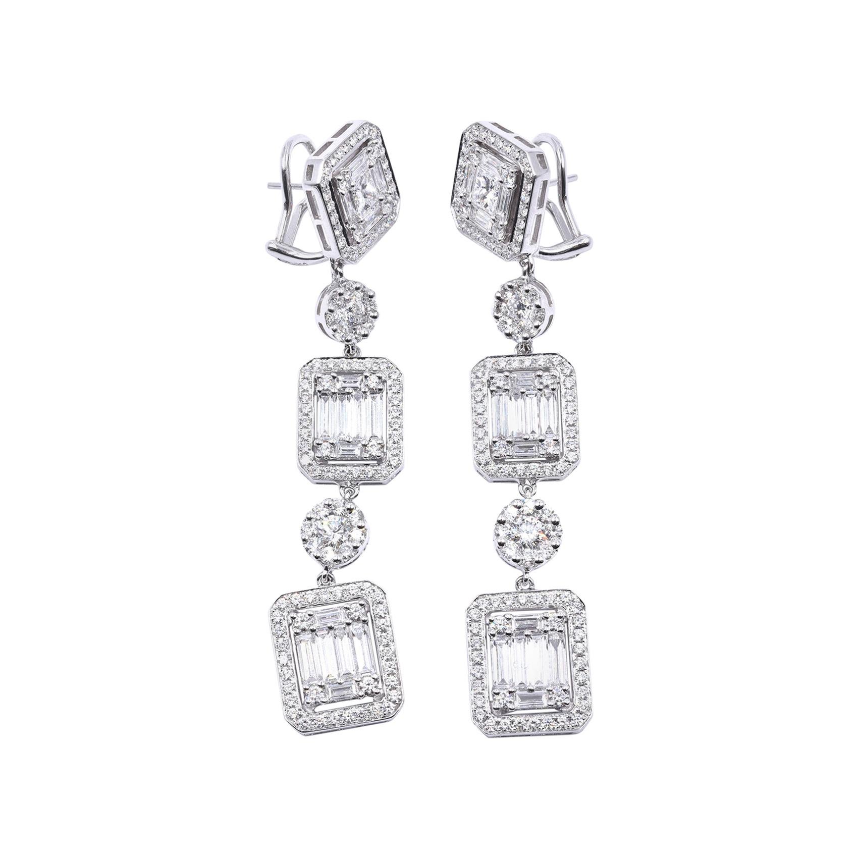 18 Karat White Gold Mosaic Set Diamond Drop Earrings