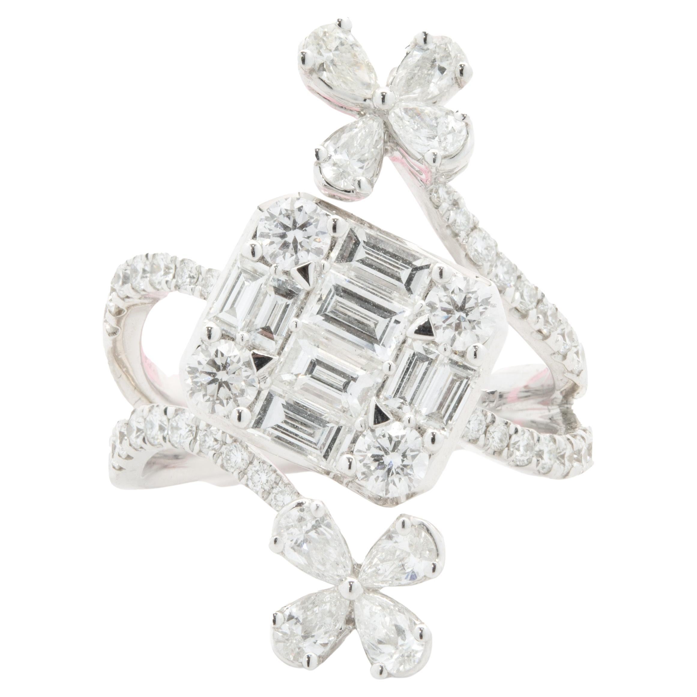 18 Karat White Gold Mosaic Set Diamond Floral Tri-Pass Ring For Sale