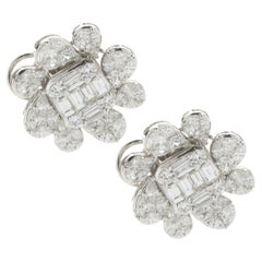 18 Karat White Gold Mosaic Set Diamond Flower Stud Earrings