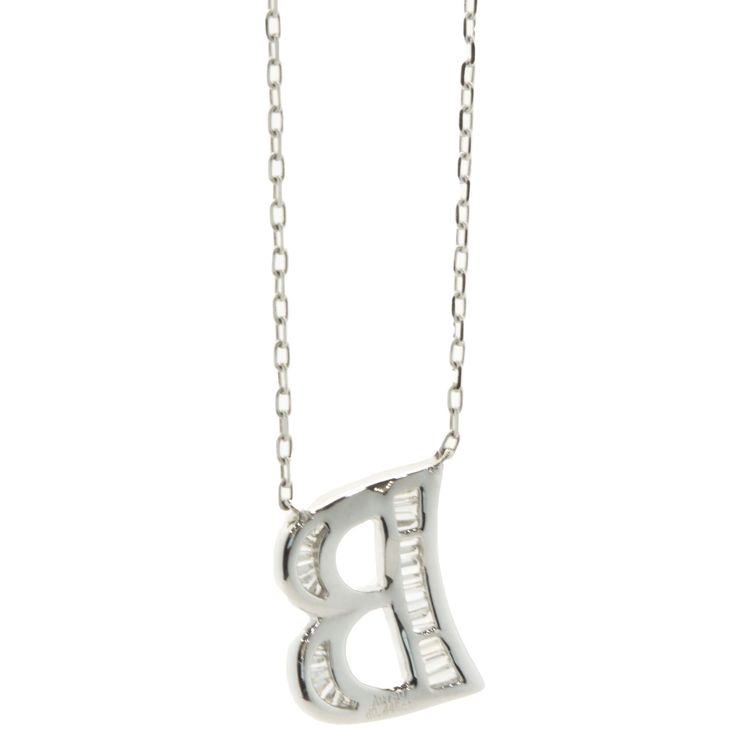 Designer: custom design
Material: 18K white gold
Diamond: round brilliant & baguette cut = 0.44cttw
Color: H
Clarity: SI1
Dimensions: necklace measures 18-inches in length 
Weight: 3.03 grams