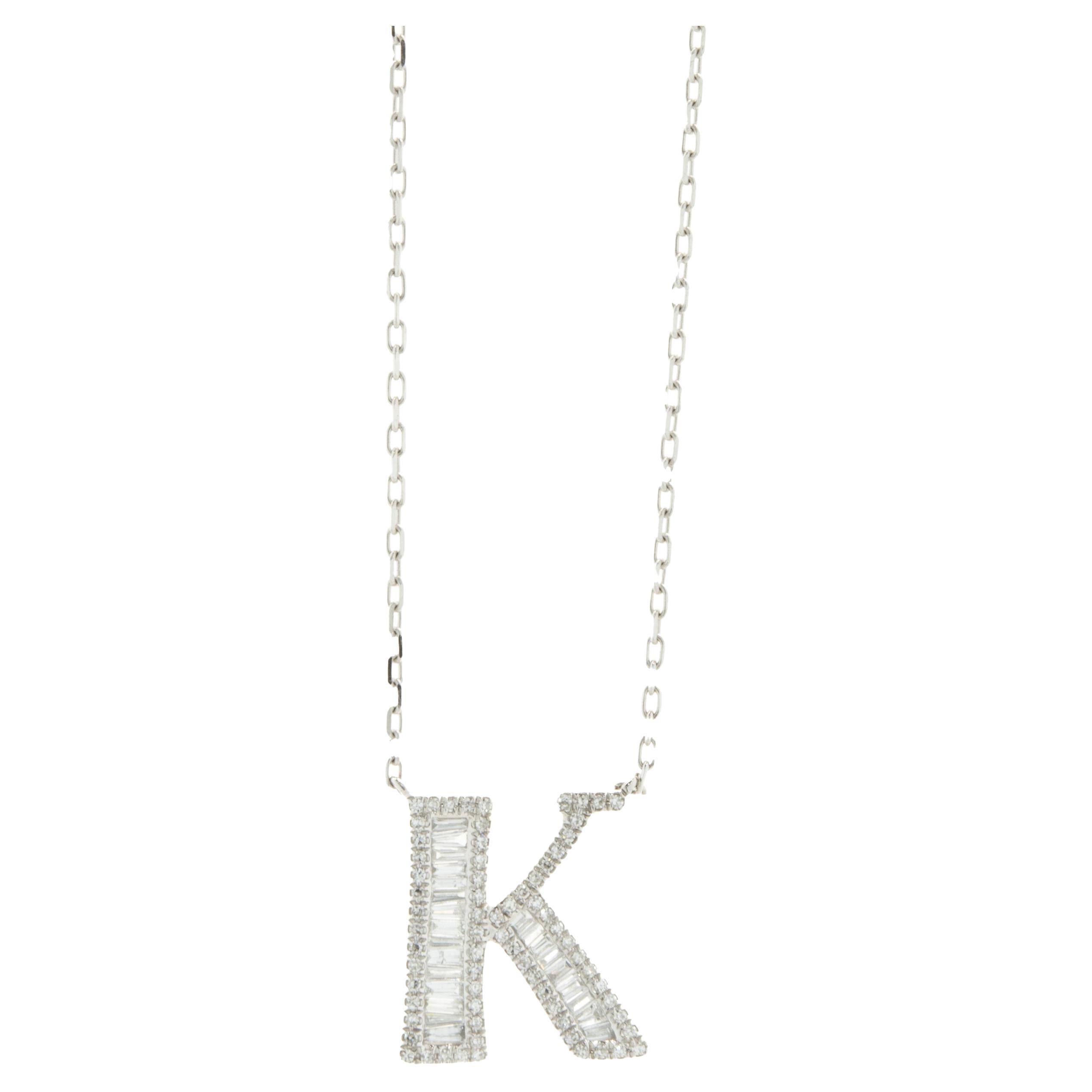 18 Karat White Gold Mosaic Set Diamond Initial K Necklace For Sale