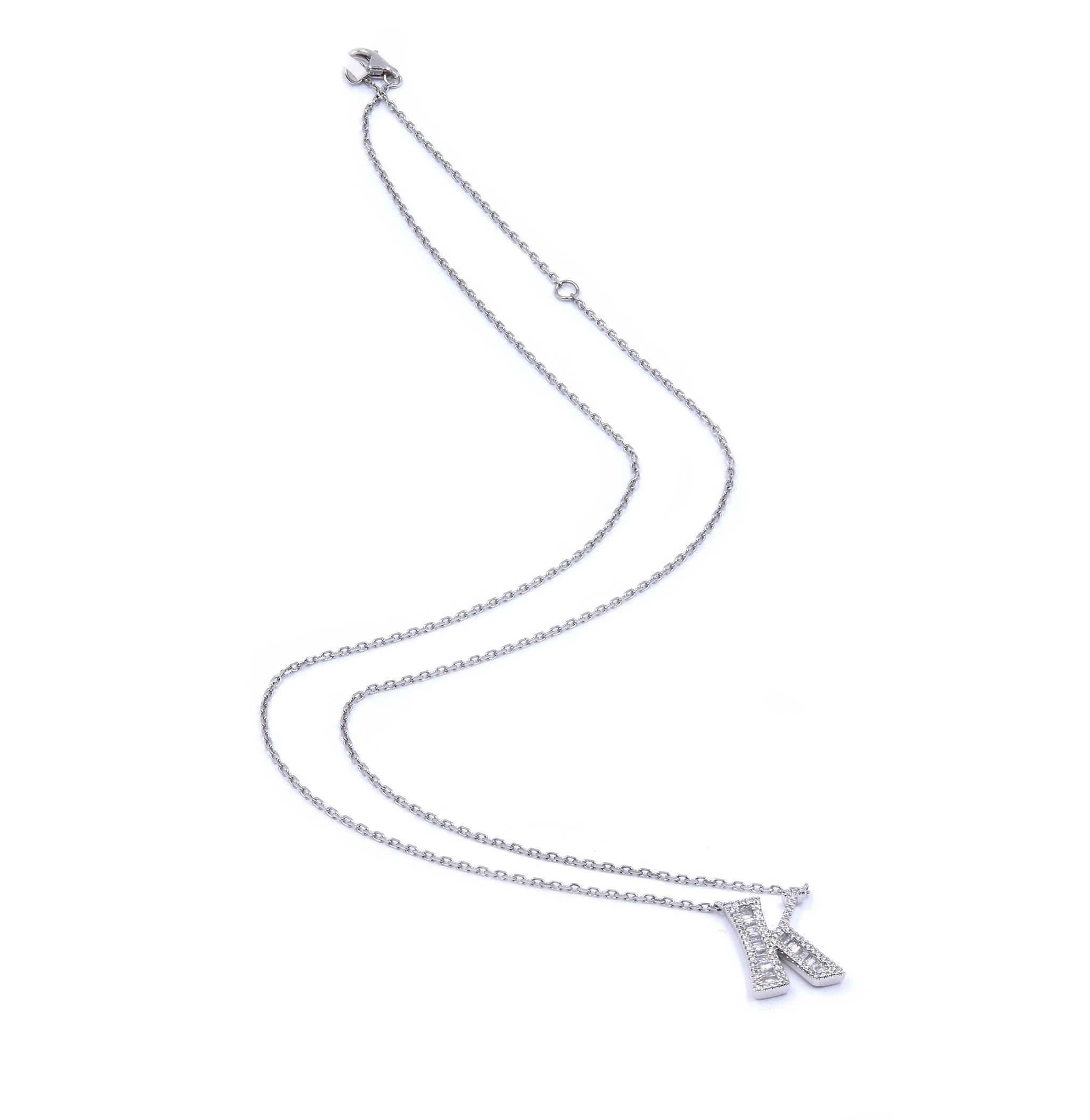Designer: custom
Material: 18K white gold
Diamonds: 90 round and baguette cut = .29cttw
Color: H
Clarity: SI1
Dimensions: necklace measures 20-inches
Weight: 4.08 grams
