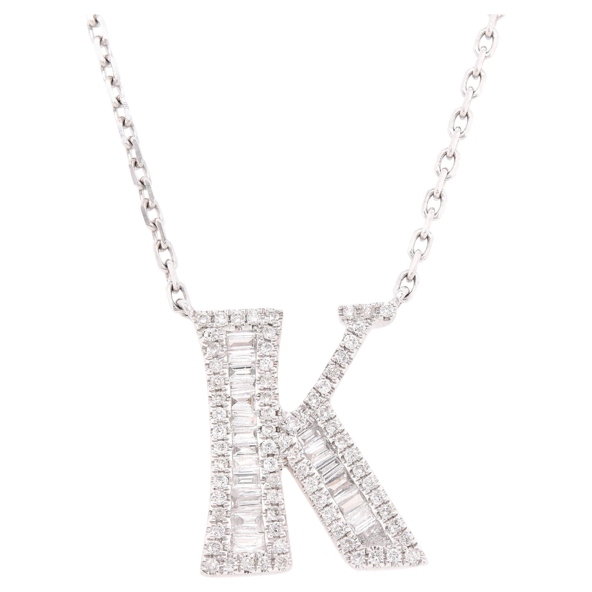 18 Karat White Gold Mosaic Set Diamond “K” Necklace
